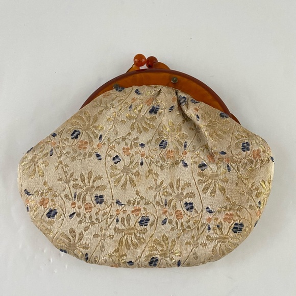 Japanese Kimono Dress Clutch Bag Vtg Green Flowers Tortoise Shell Handle - Picture 3 of 9